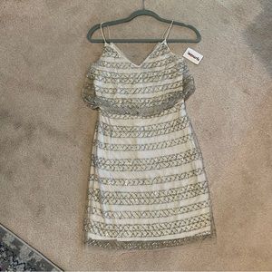 White /greige beaded cocktail dress, size 0/2